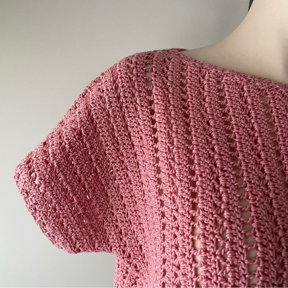 Vintage Hand Made Short Sleeve Crochet Knit Sweater Pink Size Large - Picture 4 of 4